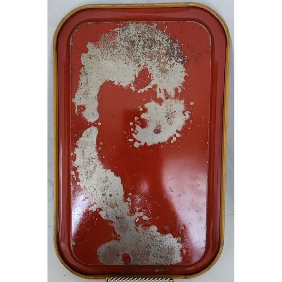 Vintage Red Metal Tray Mustard Yellow Daffodils Green Leaves 14" x 9" - Picture 2 of 12